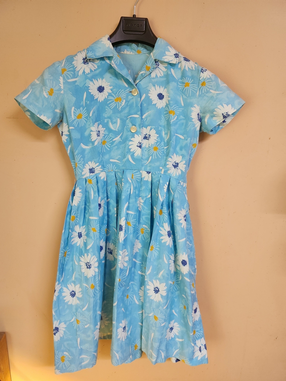 1950s Blue Floral Shirt Dress with Buttons